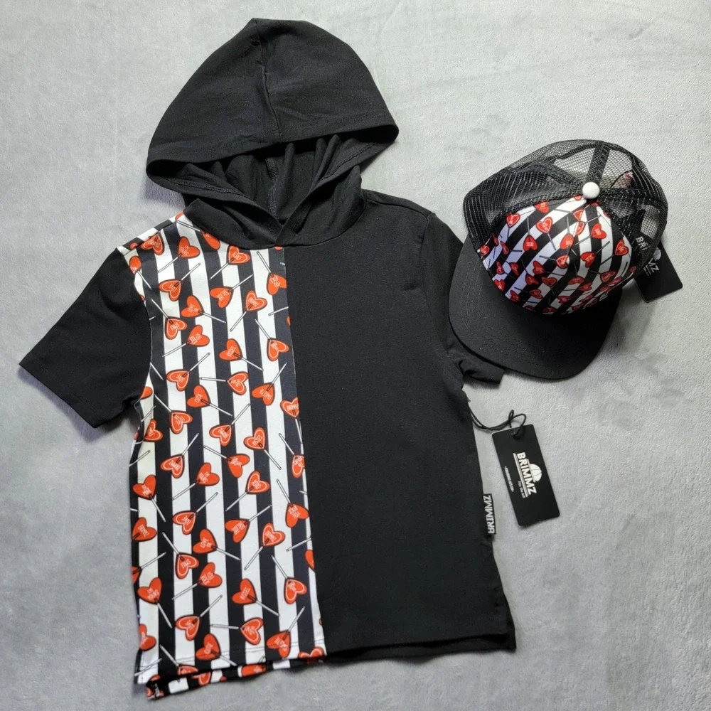 Brimmz Kids Black Heart Sucker Striped Short Sleeve Hoodie & Trucker Hat Set 3-4